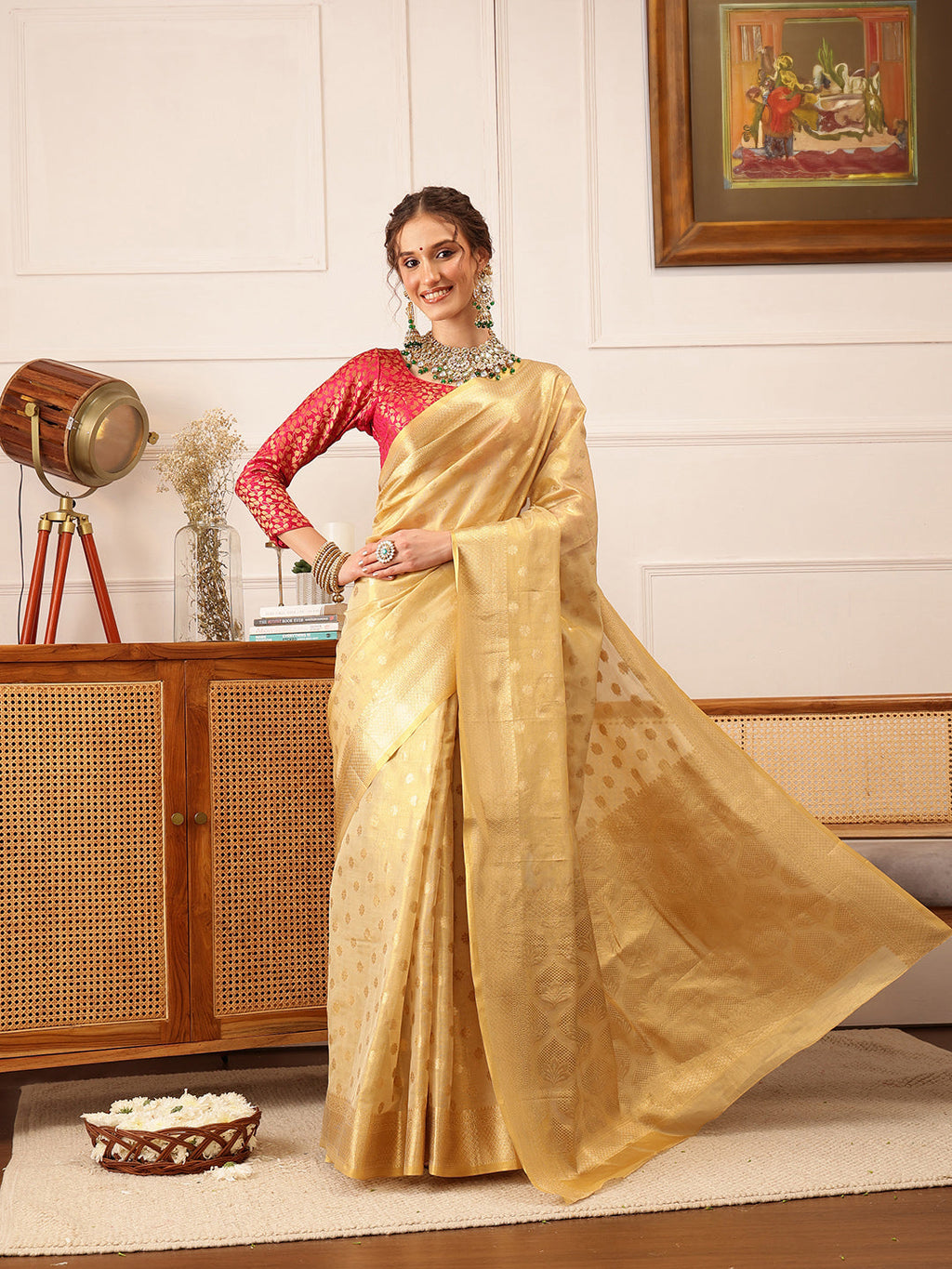 Hiral Fashion Beige Kanjivaram Tissue Silk Floral Zari Woven Saree