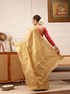 Hiral Fashion Beige Kanjivaram Tissue Silk Floral Zari Woven Saree