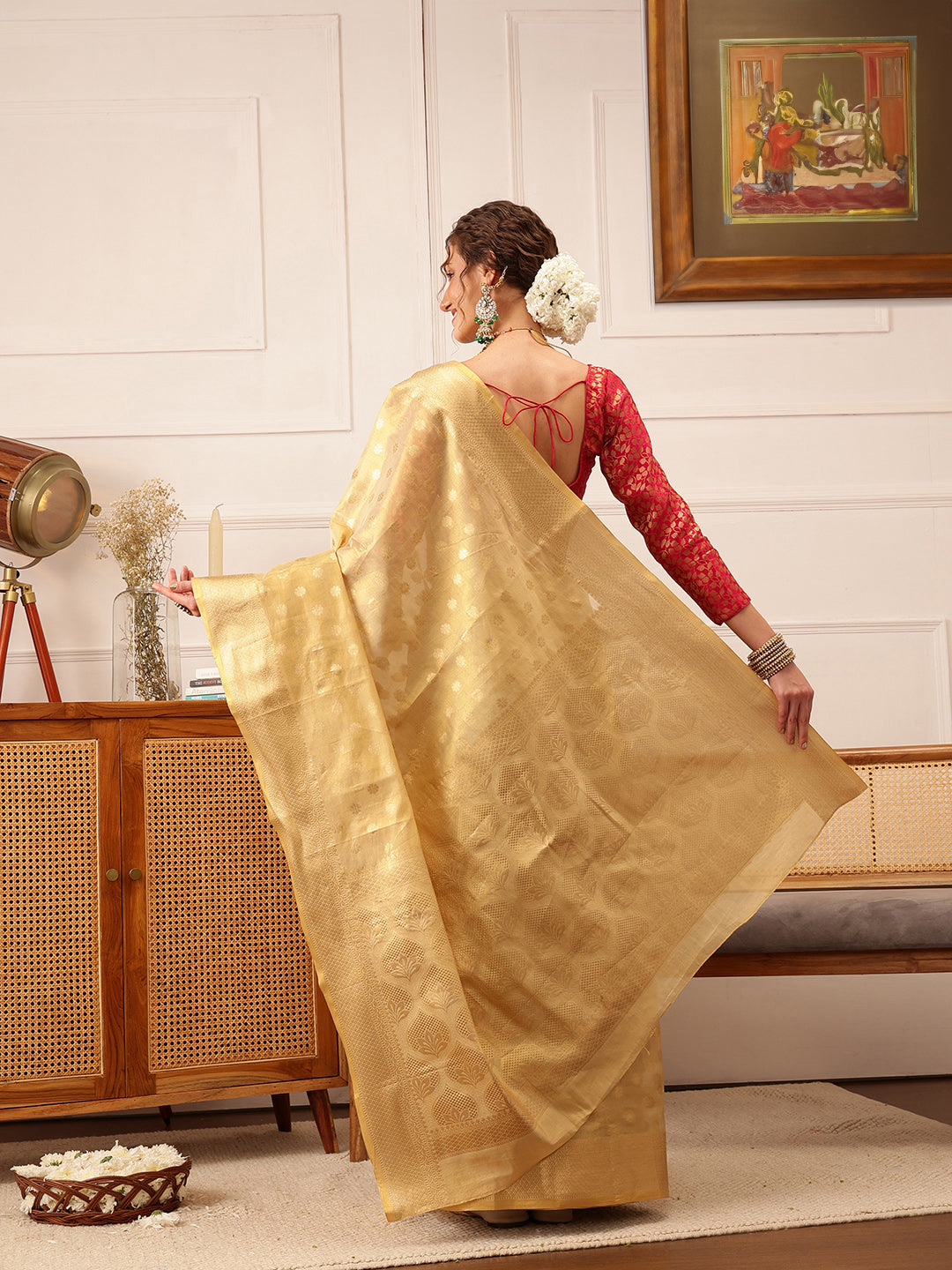 Hiral Fashion Beige Kanjivaram Tissue Silk Floral Zari Woven Saree