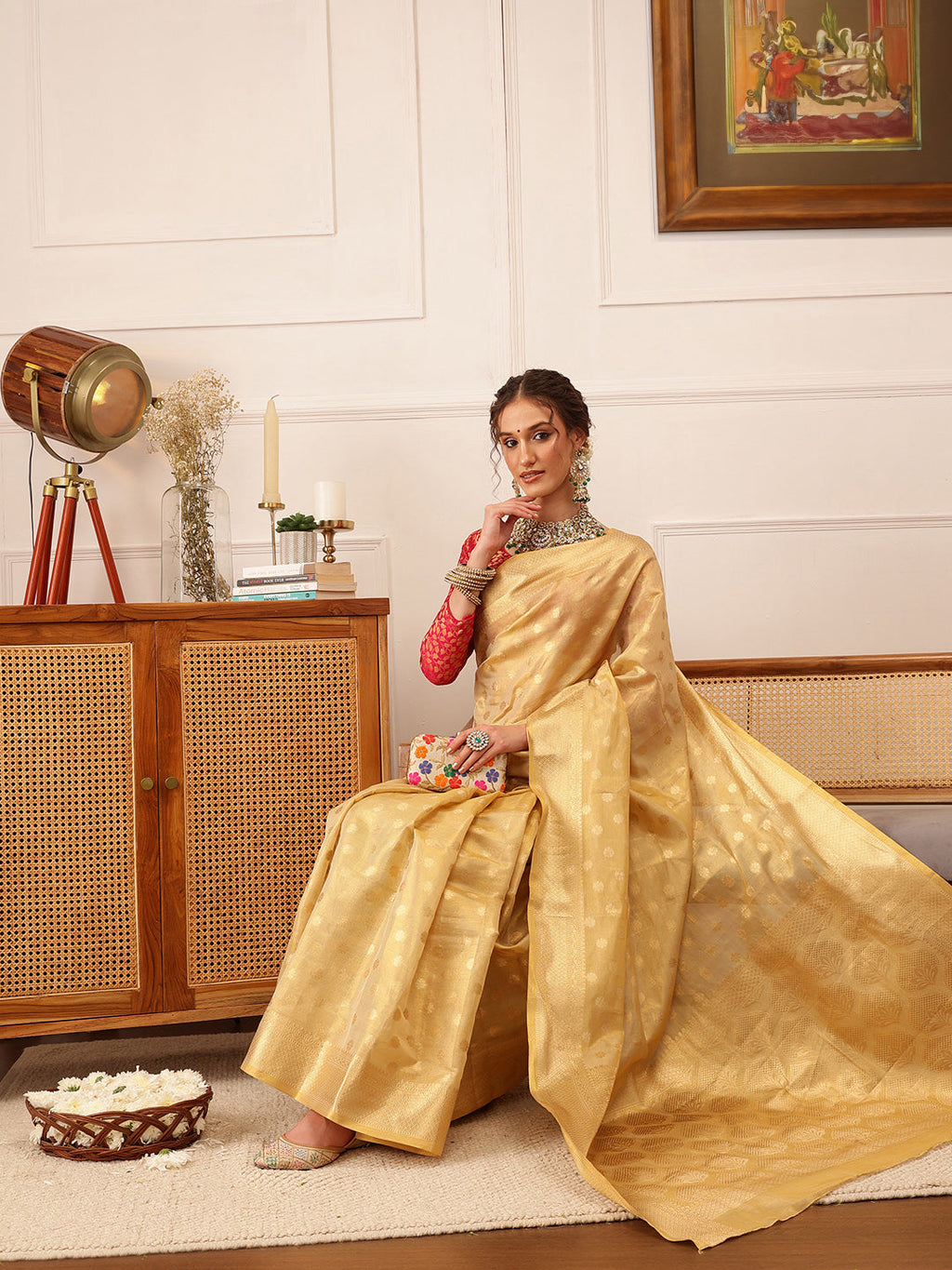 Hiral Fashion Beige Kanjivaram Tissue Silk Floral Zari Woven Saree