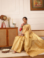 Hiral Fashion Beige Kanjivaram Tissue Silk Floral Zari Woven Saree