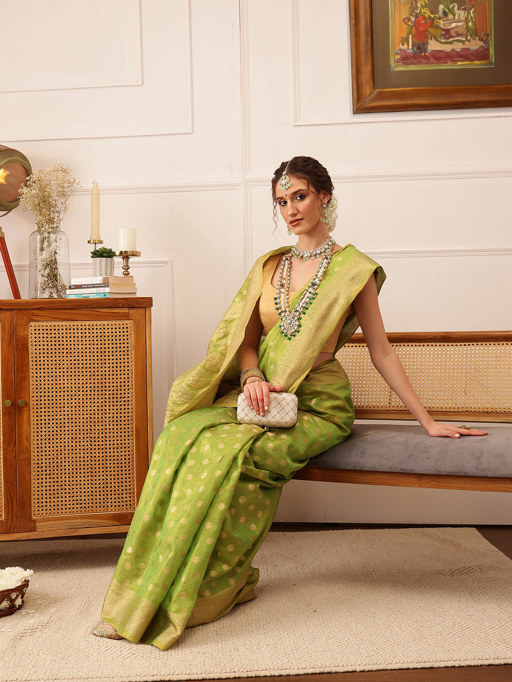 Hiral Fashion Green Kanjivaram Tissue Silk Floral Zari Woven Saree
