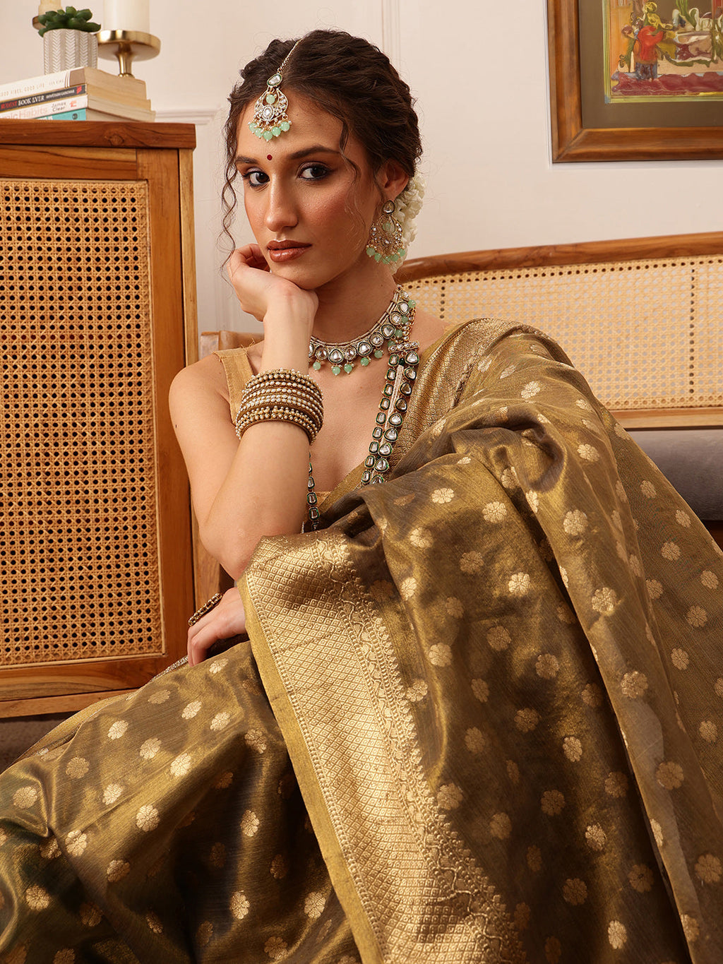 Hiral Fashion Grey Kanjivaram Tissue Silk Floral Zari Woven Saree