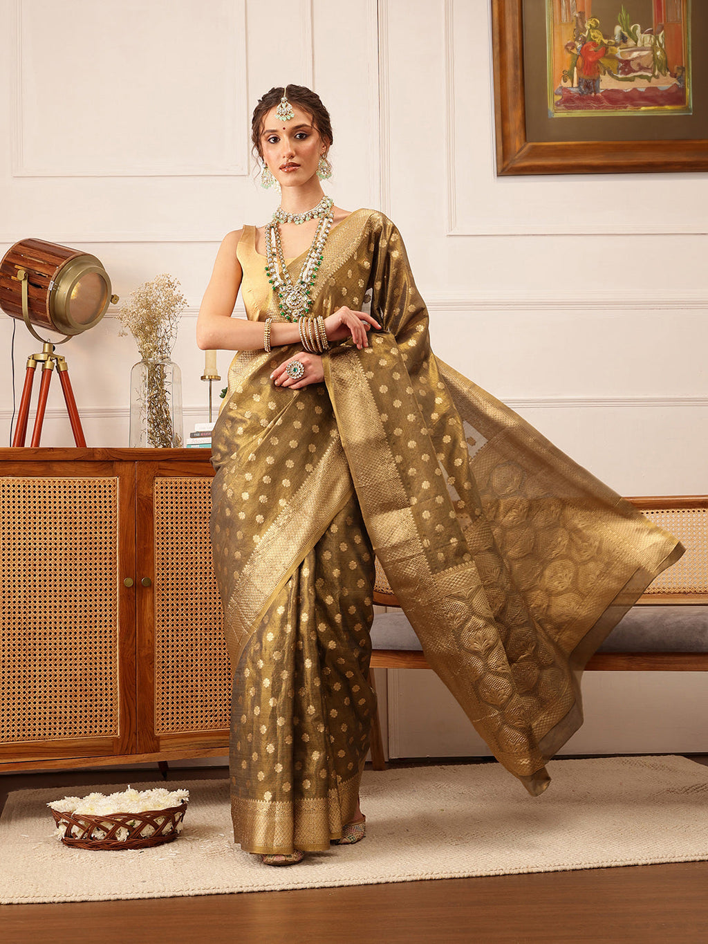 Hiral Fashion Grey Kanjivaram Tissue Silk Floral Zari Woven Saree