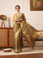 Hiral Fashion Grey Kanjivaram Tissue Silk Floral Zari Woven Saree
