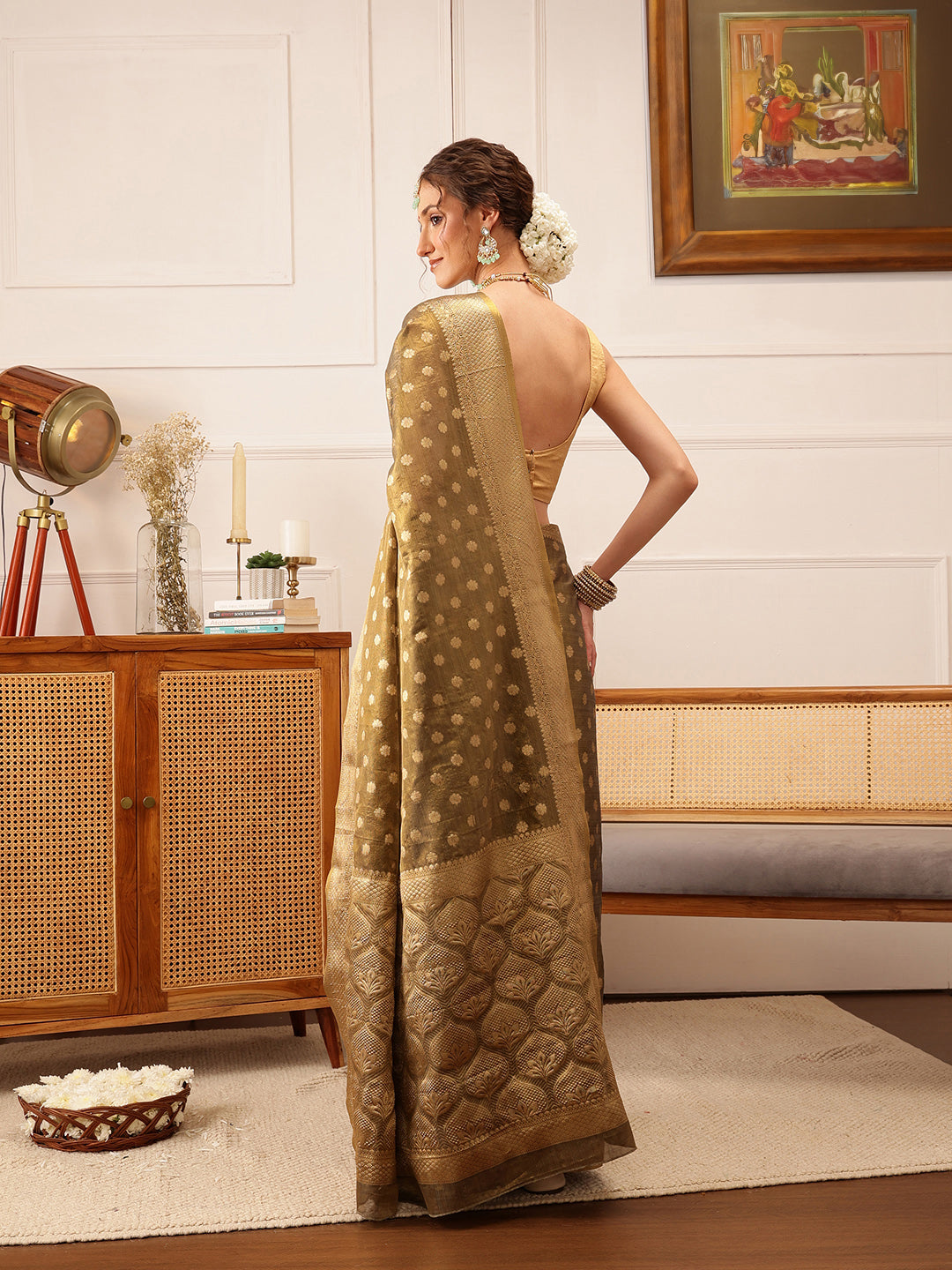 Hiral Fashion Grey Kanjivaram Tissue Silk Floral Zari Woven Saree