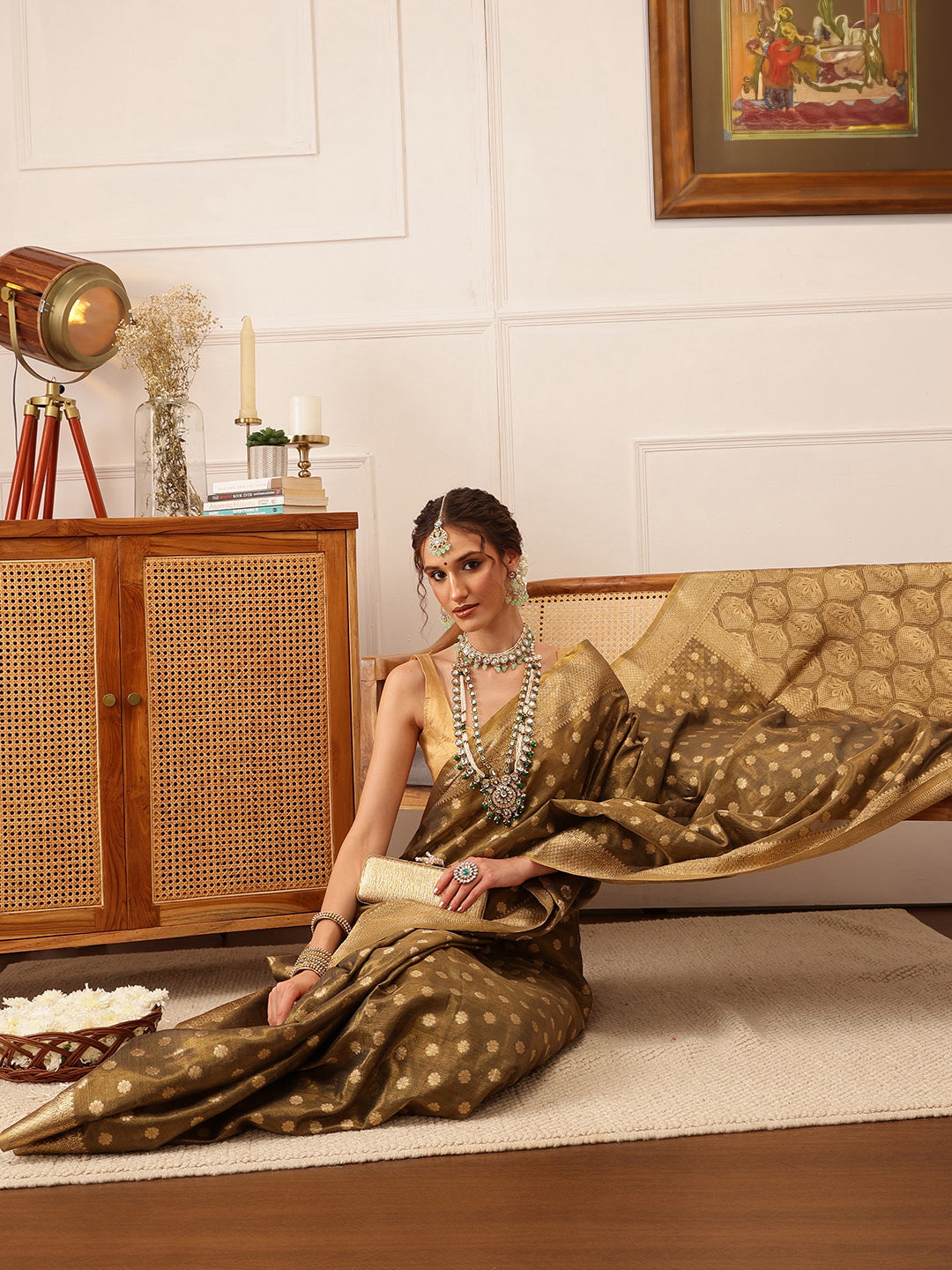 Hiral Fashion Grey Kanjivaram Tissue Silk Floral Zari Woven Saree