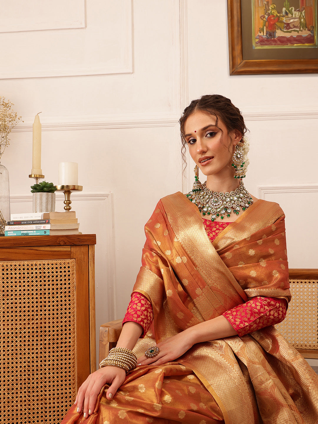 Hiral Fashion Peach Kanjivaram Tissue Silk Floral Zari Woven Saree