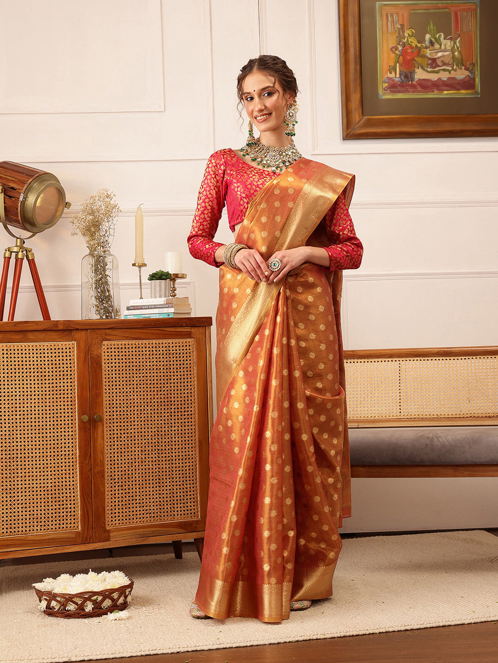 Hiral Fashion Peach Kanjivaram Tissue Silk Floral Zari Woven Saree