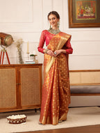 Hiral Fashion Peach Kanjivaram Tissue Silk Floral Zari Woven Saree