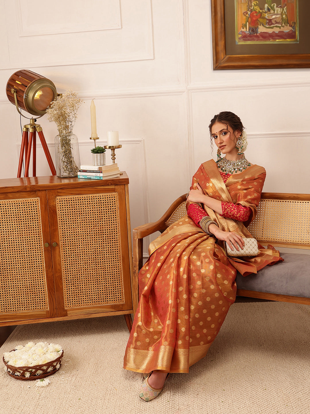 Hiral Fashion Peach Kanjivaram Tissue Silk Floral Zari Woven Saree