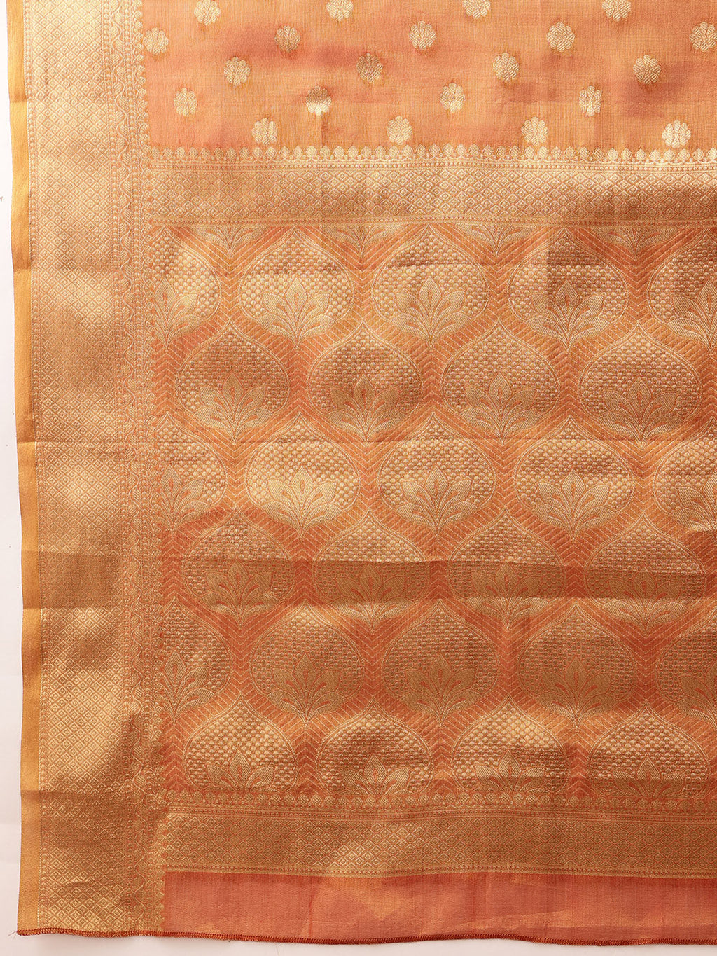 Hiral Fashion Peach Kanjivaram Tissue Silk Floral Zari Woven Saree