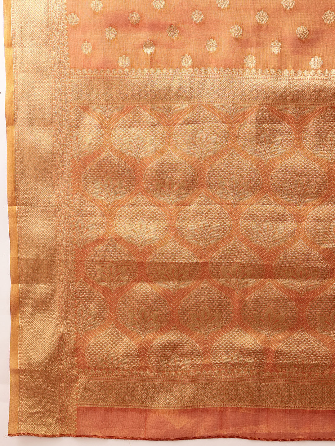 Hiral Fashion Peach Kanjivaram Tissue Silk Floral Zari Woven Saree