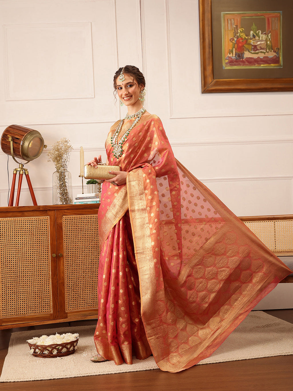 Hiral Fashion Pink Kanjivaram Tissue Silk Floral Zari Woven Saree
