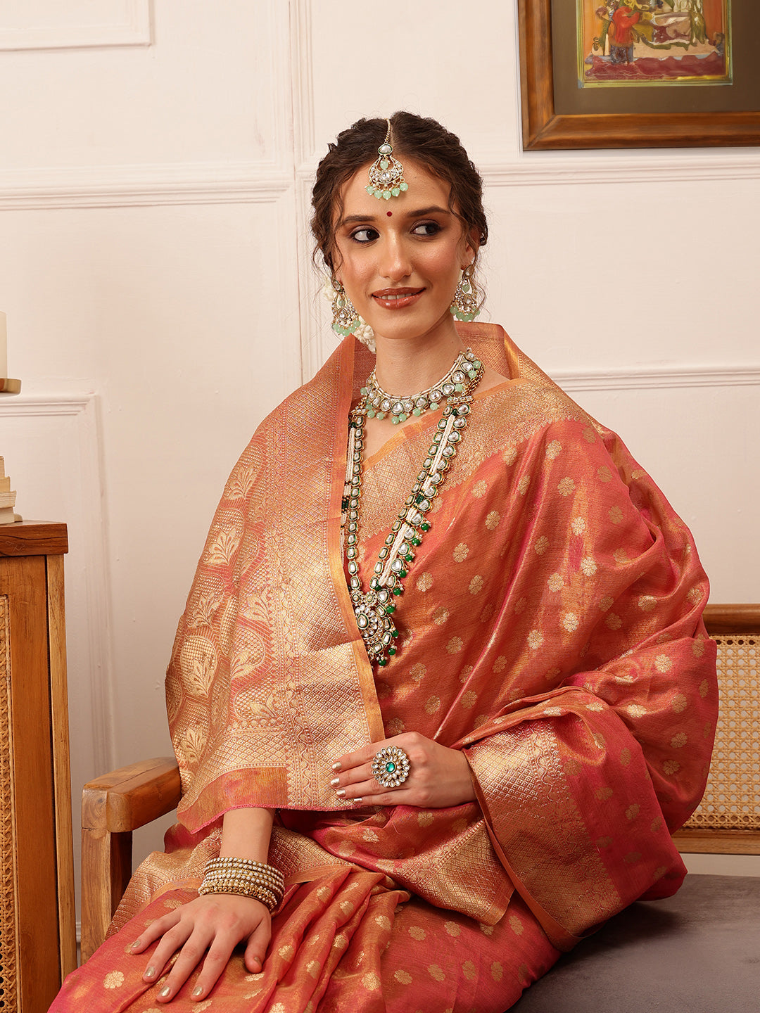 Hiral Fashion Pink Kanjivaram Tissue Silk Floral Zari Woven Saree