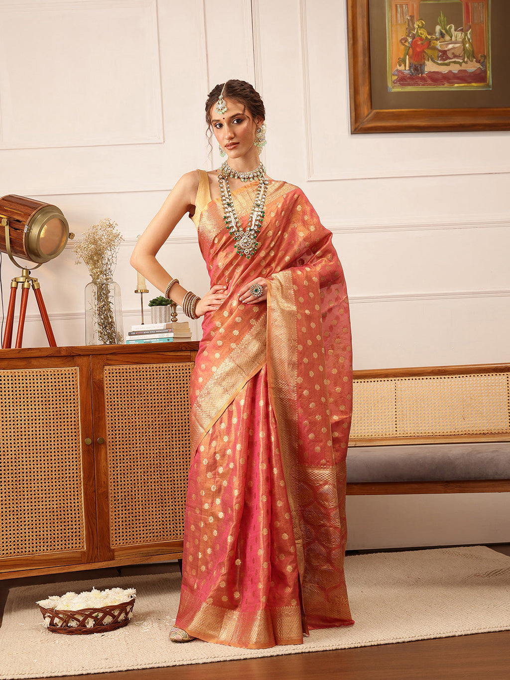 Hiral Fashion Pink Kanjivaram Tissue Silk Floral Zari Woven Saree