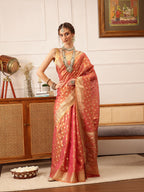 Hiral Fashion Pink Kanjivaram Tissue Silk Floral Zari Woven Saree