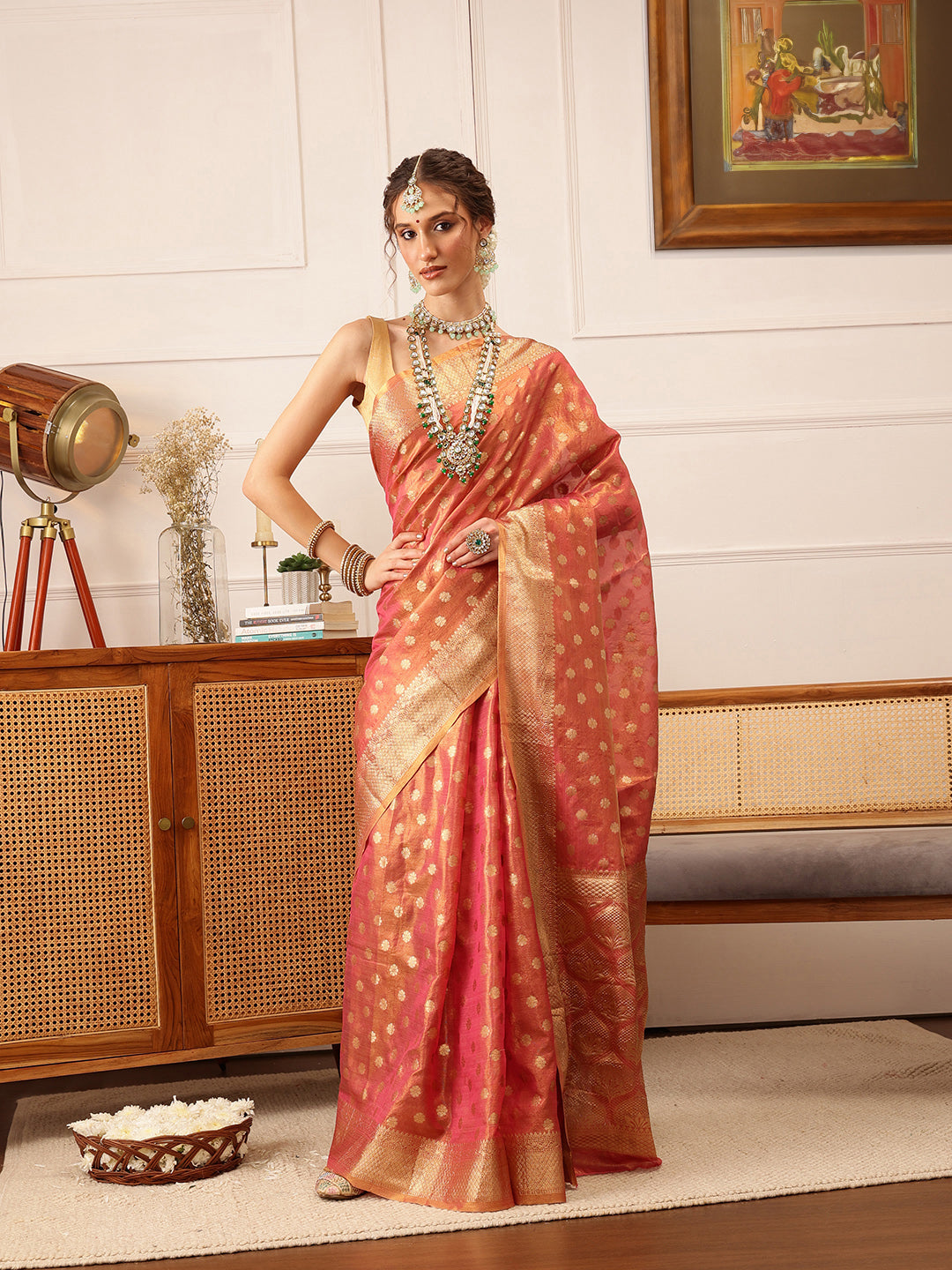 Hiral Fashion Pink Kanjivaram Tissue Silk Floral Zari Woven Saree