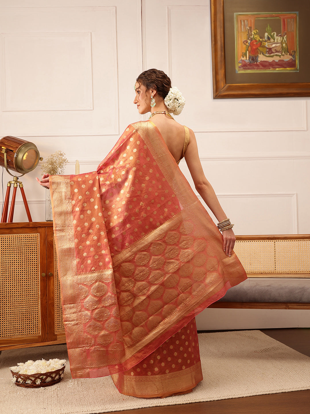 Hiral Fashion Pink Kanjivaram Tissue Silk Floral Zari Woven Saree