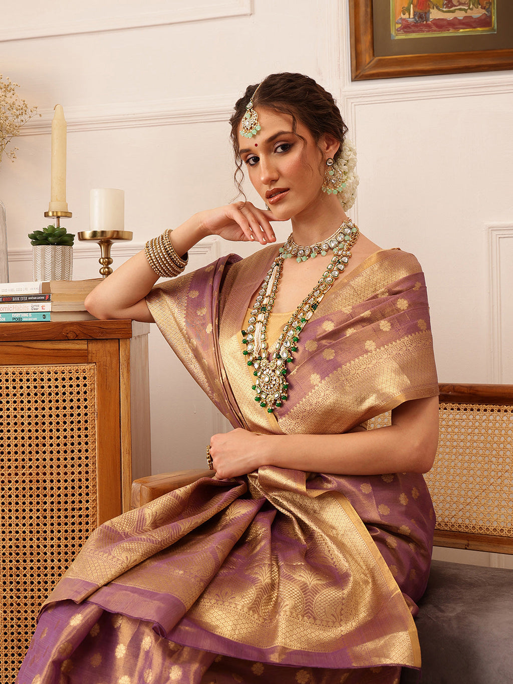 Hiral Fashion Purple Kanjivaram Tissue Silk Floral Zari Woven Saree