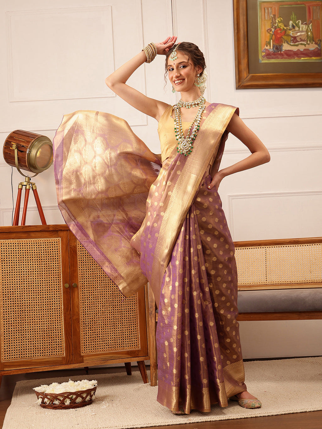 Hiral Fashion Purple Kanjivaram Tissue Silk Floral Zari Woven Saree