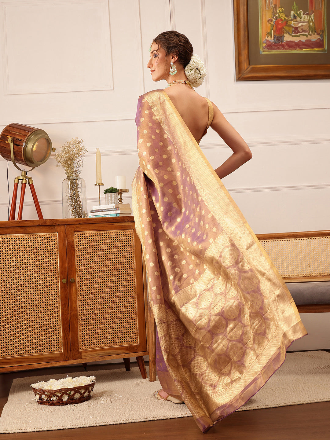 Hiral Fashion Purple Kanjivaram Tissue Silk Floral Zari Woven Saree