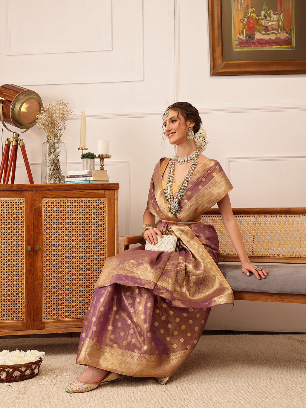 Hiral Fashion Purple Kanjivaram Tissue Silk Floral Zari Woven Saree