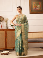Hiral Fashion Teal Kanjivaram Tissue Silk Floral Zari Woven Saree