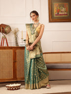 Hiral Fashion Teal Kanjivaram Tissue Silk Floral Zari Woven Saree