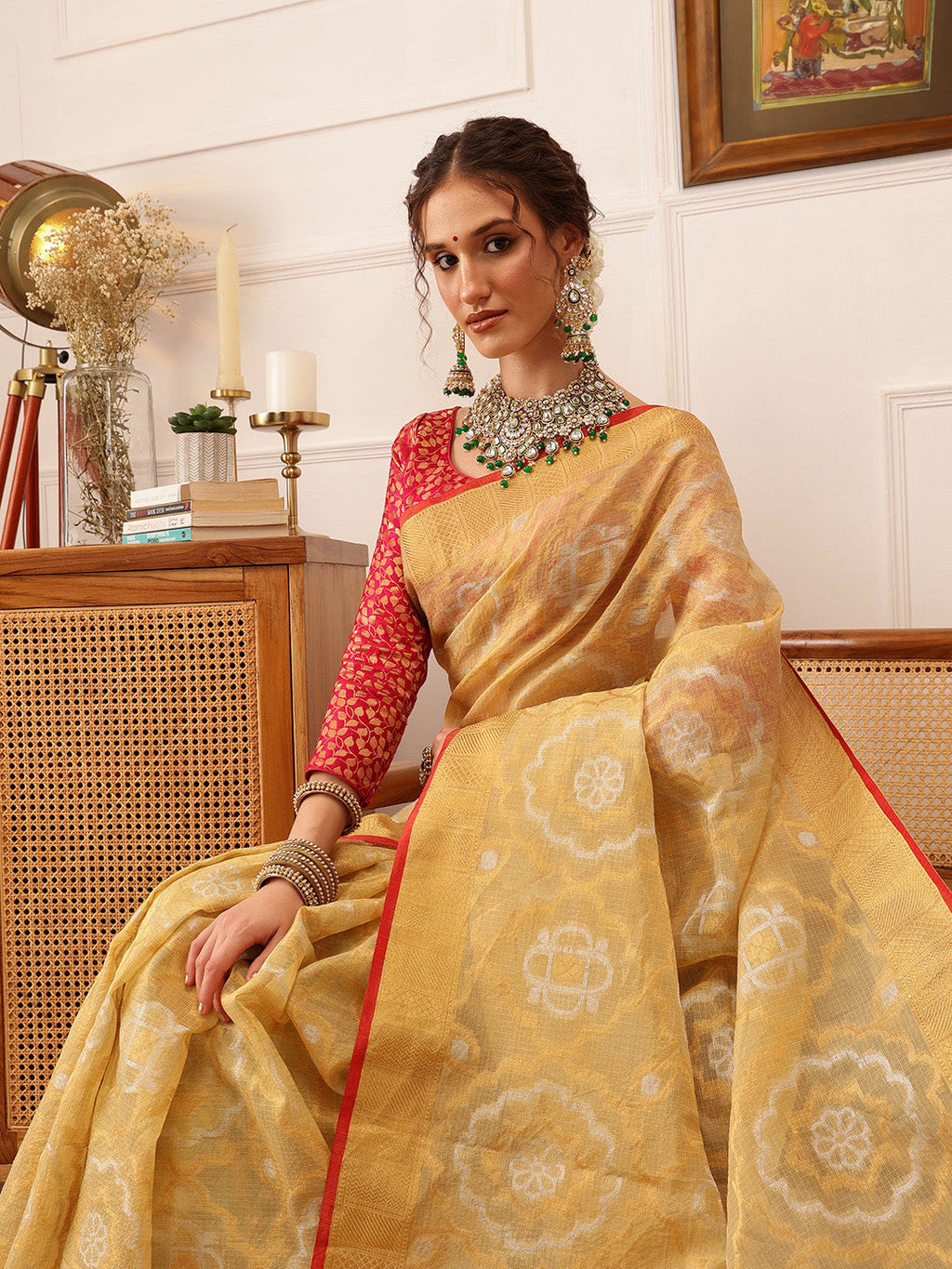 Hiral Fashion Beige Banarasi Kota Doria Woven Design Zari Woven Saree