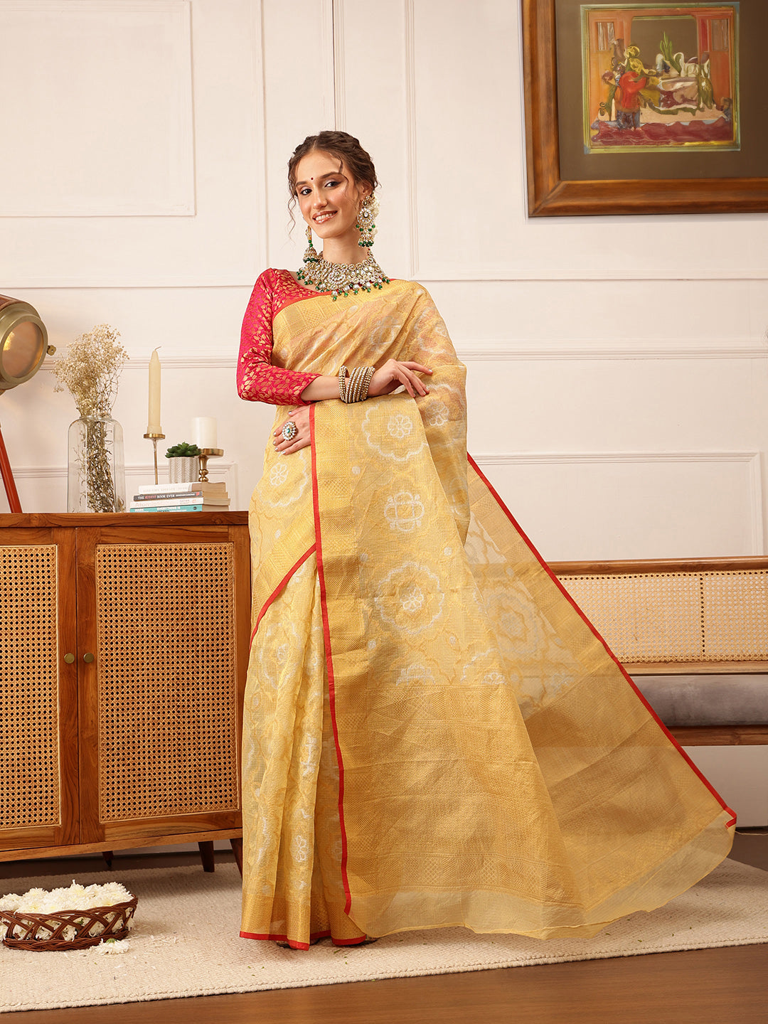 Hiral Fashion Beige Banarasi Kota Doria Woven Design Zari Woven Saree
