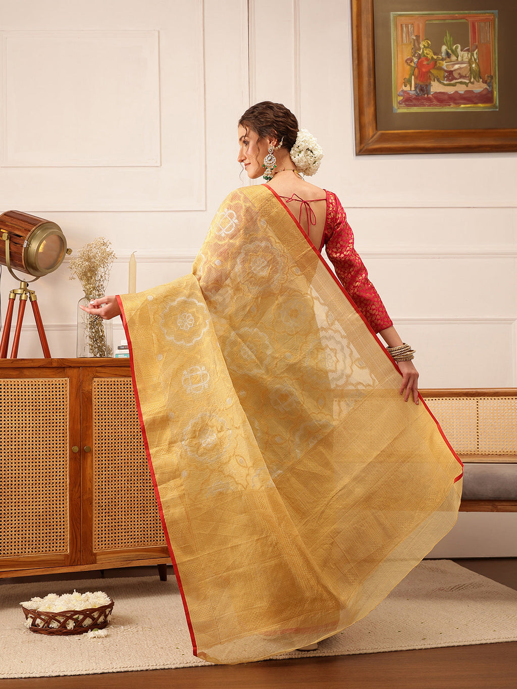 Hiral Fashion Beige Banarasi Kota Doria Woven Design Zari Woven Saree