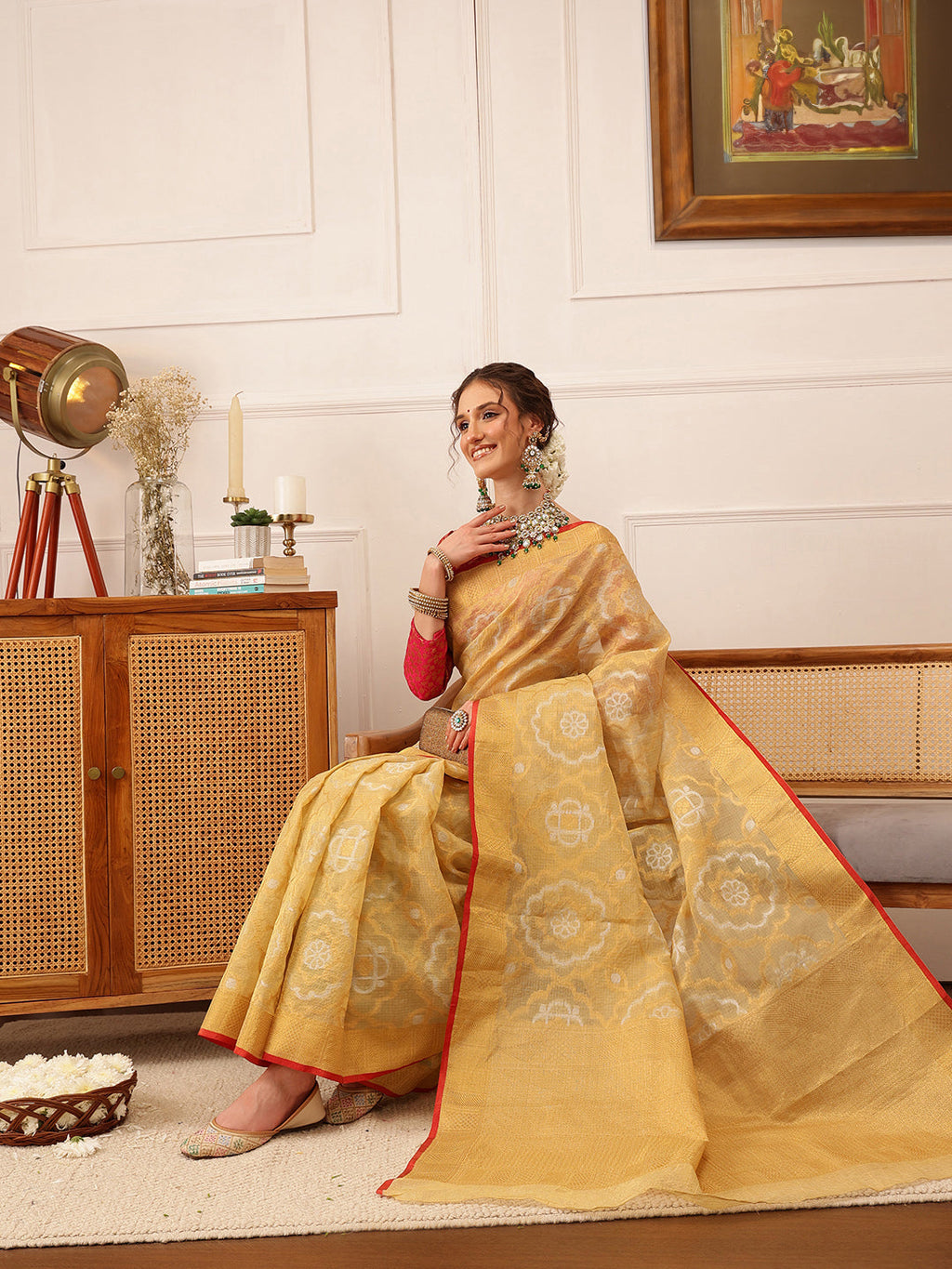 Hiral Fashion Beige Banarasi Kota Doria Woven Design Zari Woven Saree