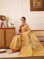 Hiral Fashion Beige Banarasi Kota Doria Woven Design Zari Woven Saree