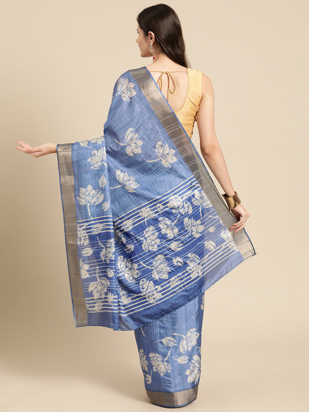 Blue Silk Blend Digital Print Floral Saree with Unstitched Blouse - Hiral Fashion