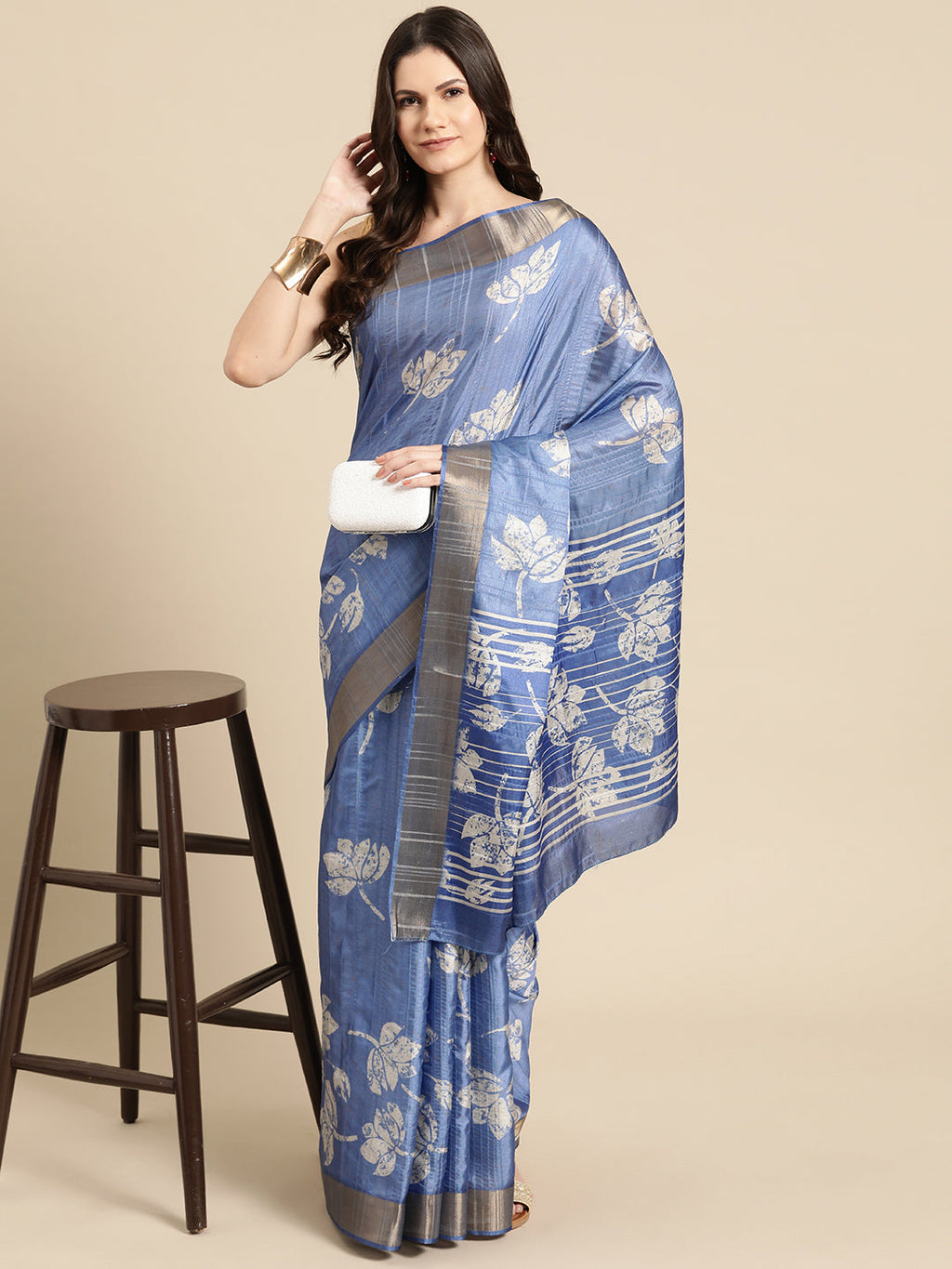 Blue Silk Blend Digital Print Floral Saree with Unstitched Blouse - Hiral Fashion