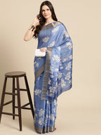 Blue Silk Blend Digital Print Floral Saree with Unstitched Blouse - Hiral Fashion
