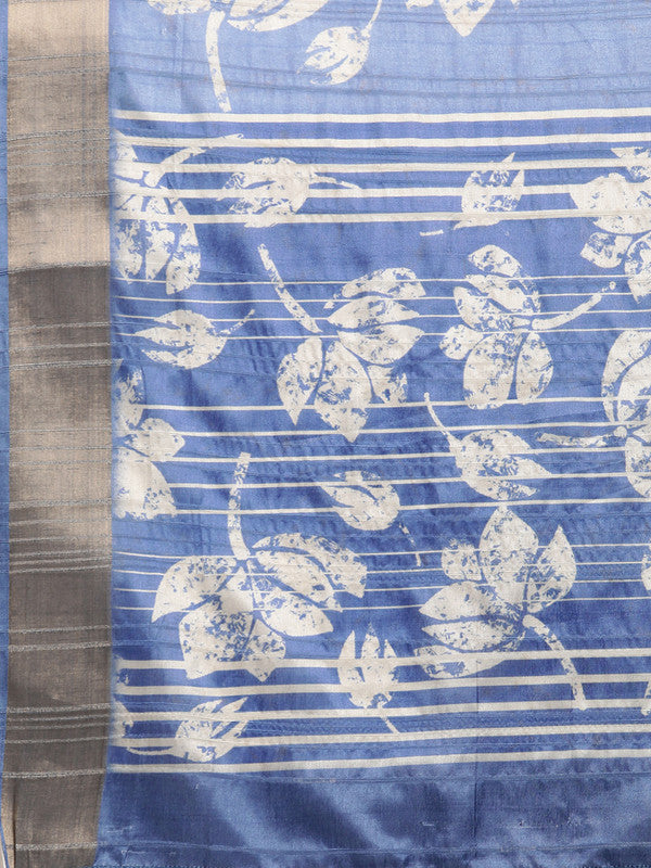 Blue Silk Blend Digital Print Floral Saree with Unstitched Blouse - Hiral Fashion