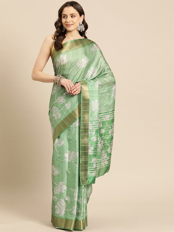 Green Silk Blend Digital Print Floral Saree with Unstitched Blouse - Hiral Fashion
