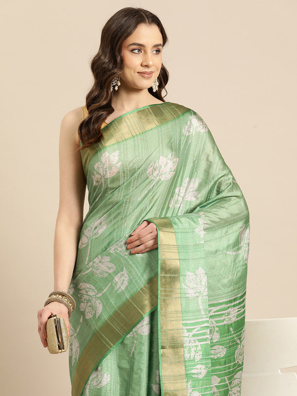 Green Silk Blend Digital Print Floral Saree with Unstitched Blouse - Hiral Fashion