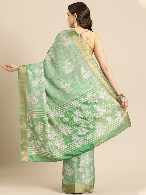 Green Silk Blend Digital Print Floral Saree with Unstitched Blouse - Hiral Fashion