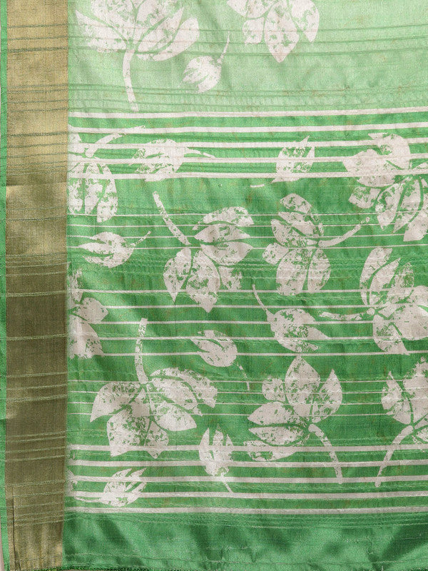 Green Silk Blend Digital Print Floral Saree with Unstitched Blouse - Hiral Fashion