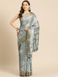 Gray Silk Blend Digital Print Floral Saree with Unstitched Blouse - Hiral Fashion