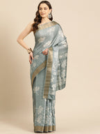 Gray Silk Blend Digital Print Floral Saree with Unstitched Blouse - Hiral Fashion