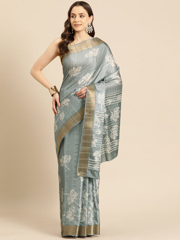 Gray Silk Blend Digital Print Floral Saree with Unstitched Blouse - Hiral Fashion