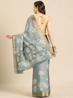 Gray Silk Blend Digital Print Floral Saree with Unstitched Blouse - Hiral Fashion