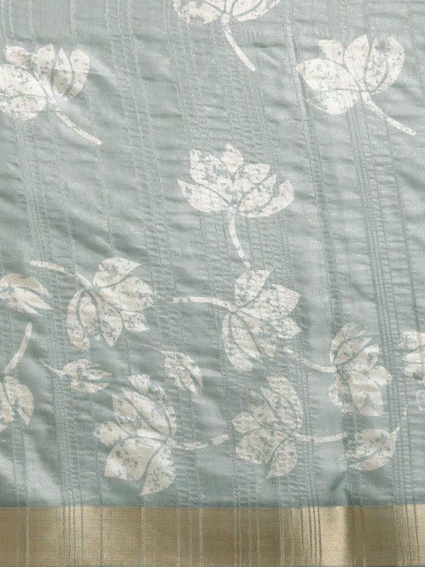 Gray Silk Blend Digital Print Floral Saree with Unstitched Blouse - Hiral Fashion