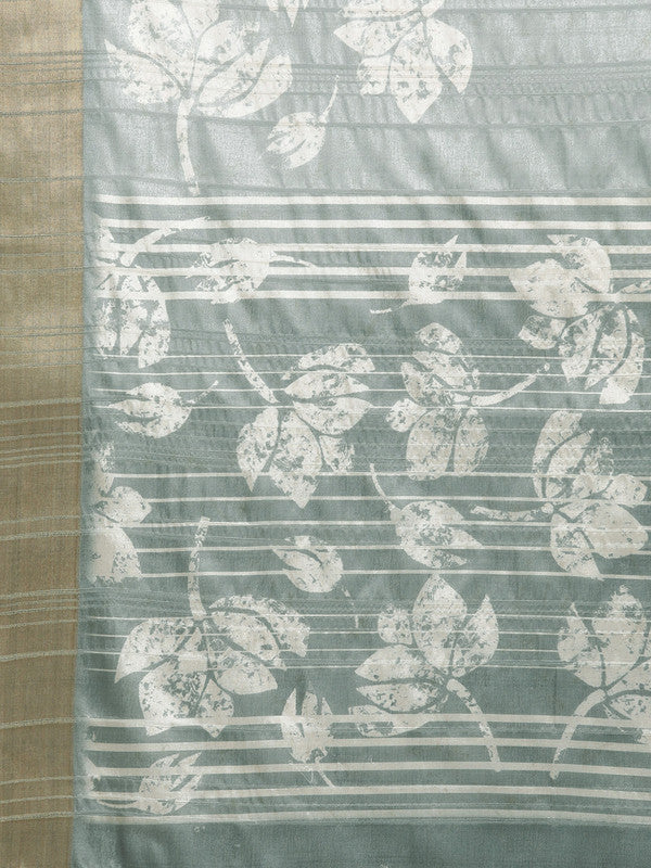 Gray Silk Blend Digital Print Floral Saree with Unstitched Blouse - Hiral Fashion