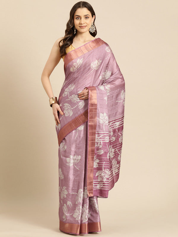 Purple Silk Blend Digital Print Floral Saree with Unstitched Blouse - Hiral Fashion