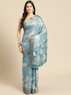 Turquoise Silk Blend Digital Print Floral Saree with Unstitched Blouse - Hiral Fashion